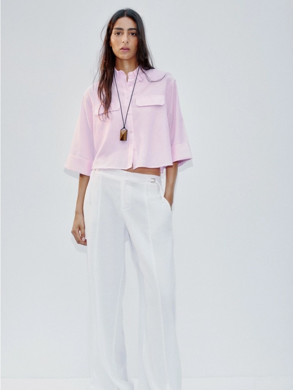 ZARA cropped short sleeve pink button-front oxford shirt. NWT S
